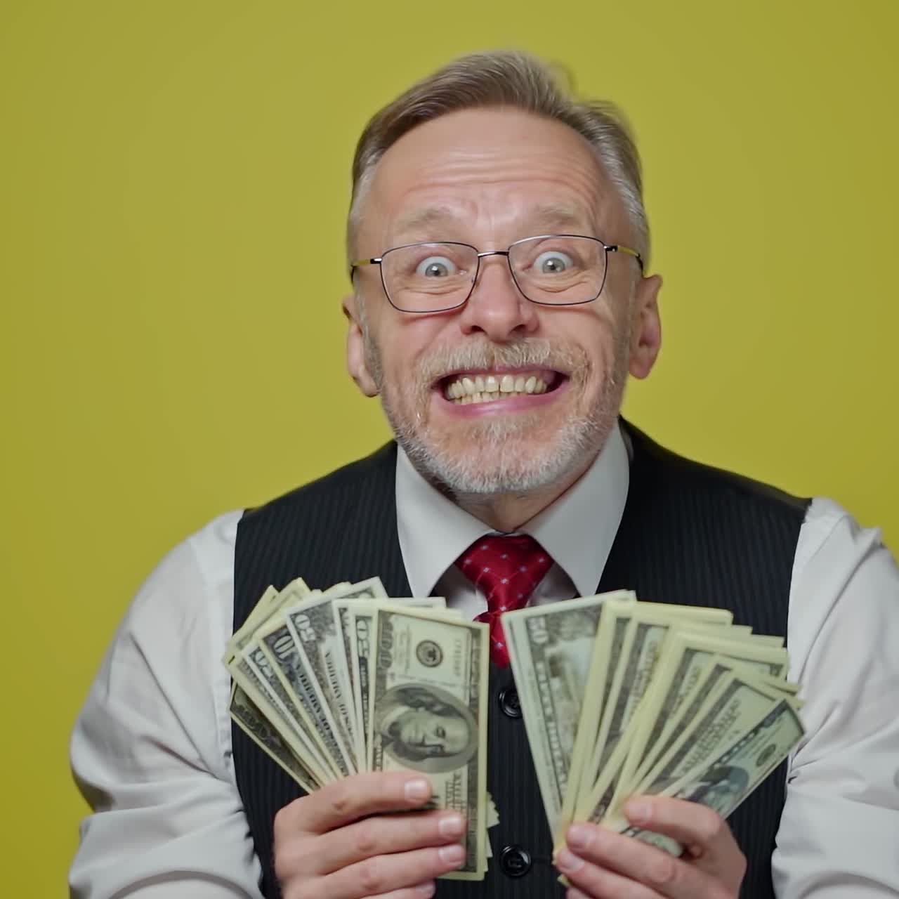 Happy senior man holding many dollar banknotes. Excited old businessman enjoys money in his hands standing alone in yellow studio.