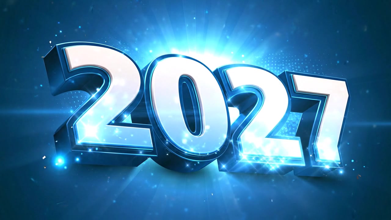 Testo 3D animato che mostra l'anno 2027 con effetti di luce luminosi