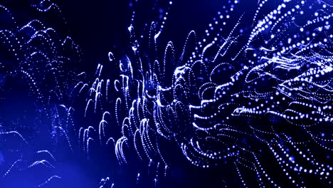 3d render loop animation of glow particles form oscillating lines as swinging garland as holyday background or abstract background of particles with depth of field and bokeh like vj loop. Blue 9