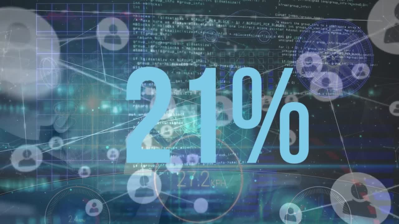 animación de porcentaje creciente, procesamiento de datos, red de iconos de perfil sobre fondo azul.