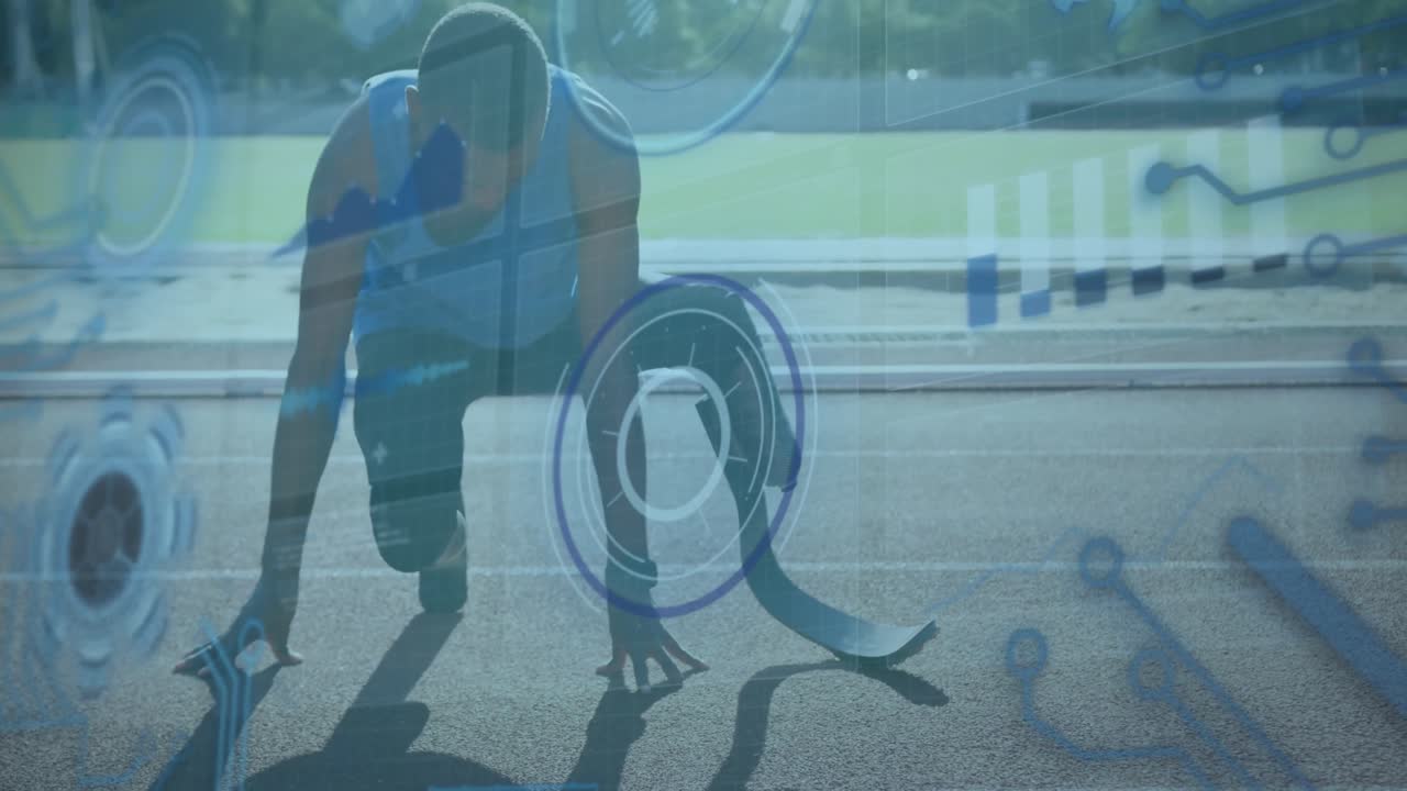 아프리카계 미국인 장애인 남자의 러닝 블레이드 훈련에 대한 디지털 데이터의 애니메이션