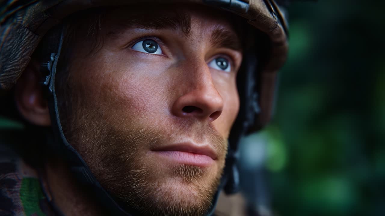 A Close-Up of a Soldier's Intense Gaze Captured in Two Frames, Highlighting Focus and Determination Amidst a Green Environment with Tactical Gear