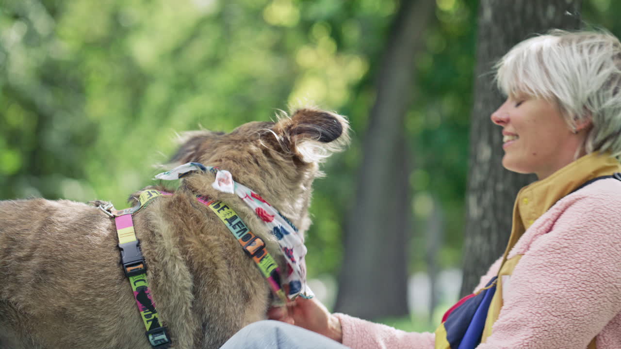 Happy Woman Petting, Treating and Hugging Dog in Green Park