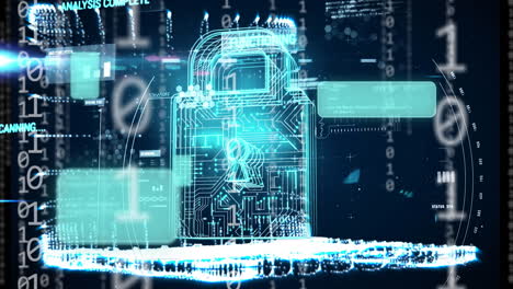 animation of online security padlock, data processing over binary coding