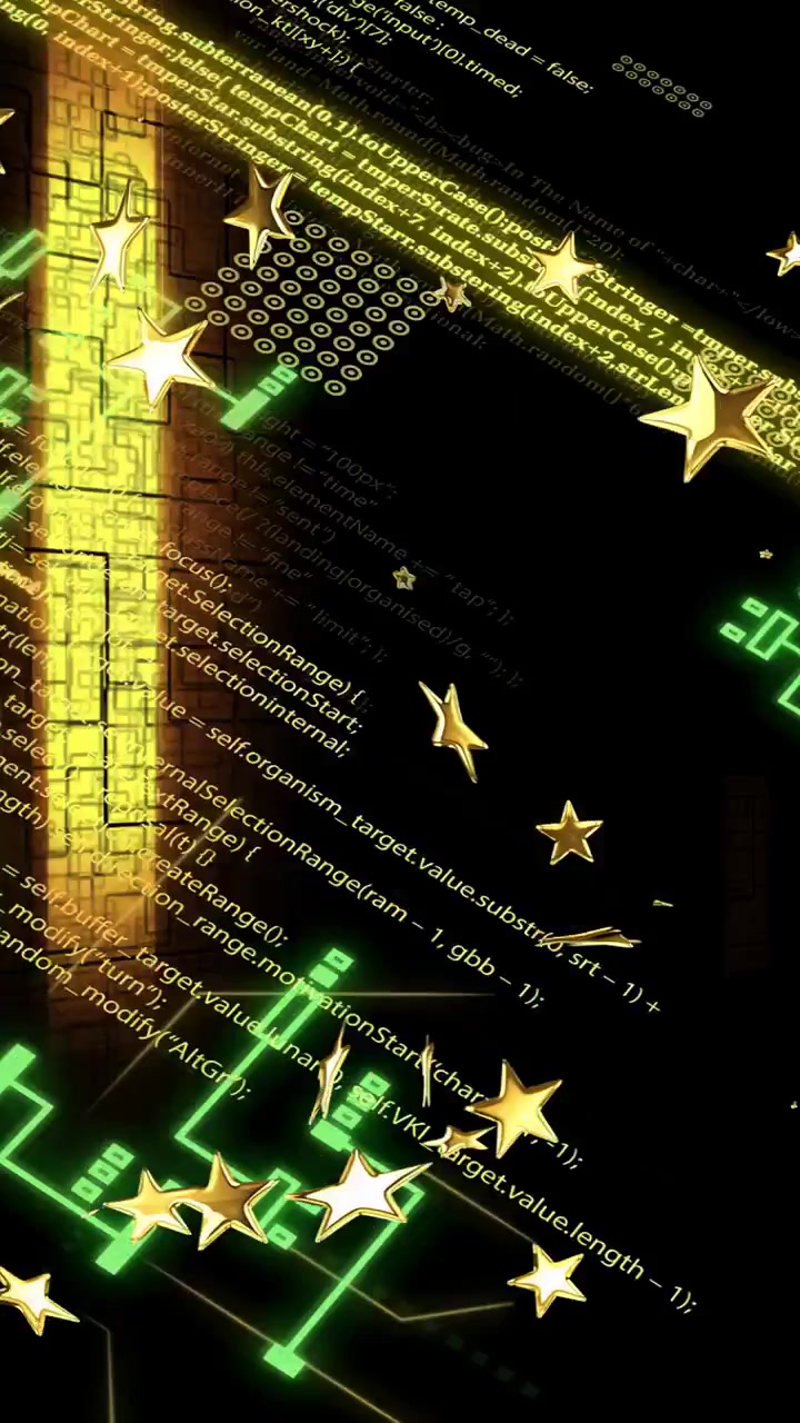 Video verticale: All'avvio, stelle dorate che fluttuano e ruotano mentre un pannello al neon scorre, creando un HUD
