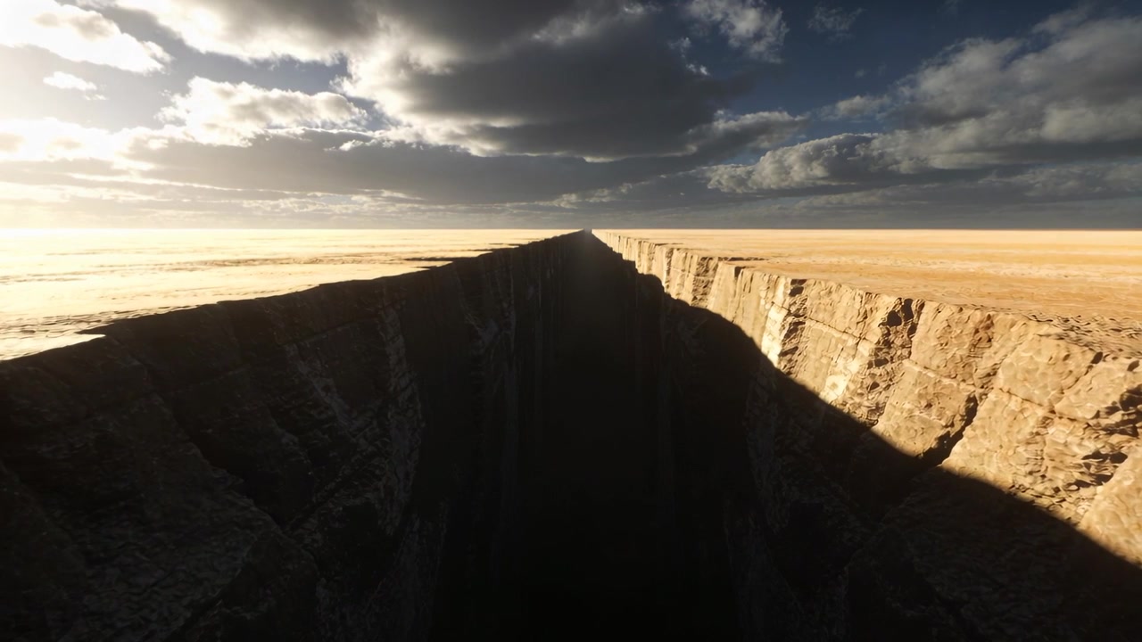 Telecamera in movimento che inizia a muoversi lungo la cresta di un canyon in un deserto costiero, rivelando scogliere illuminate dal sole.
