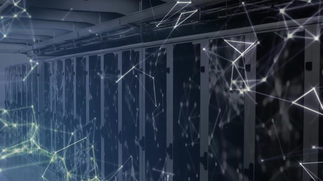 On overlay emergence camera performing pan across cabinets while pulsing graphics showing data flow