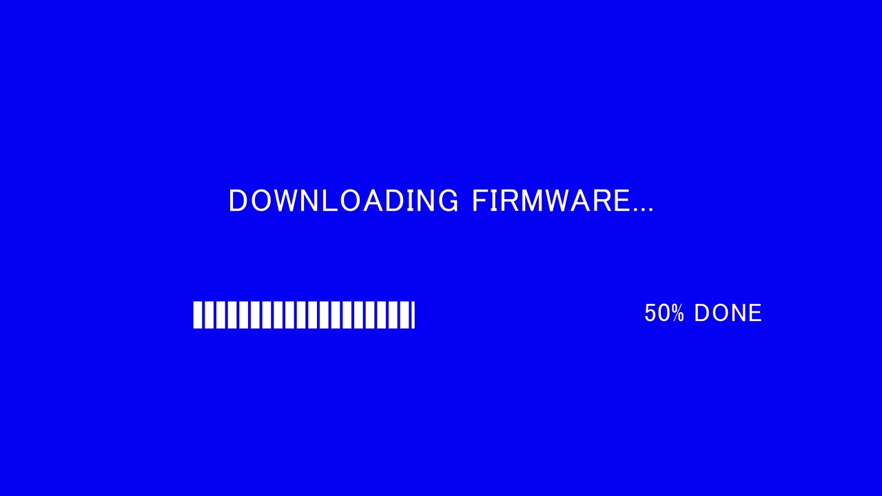 Retro TV screen showing downloading firmware message with loading bar on blue background, seamless loop