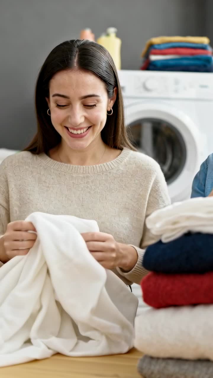 Woman picking towel from washer and folding laundry, building neat stack while sharing glance