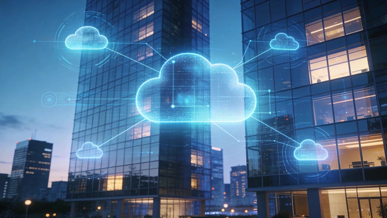 Emerging hologram cloud network brightening between glass towers at dusk pulsing nodes showing flow