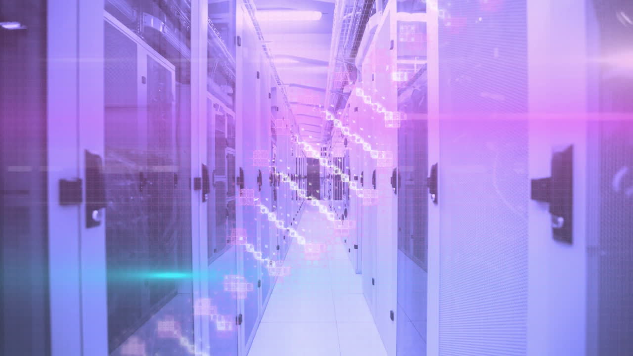 Glowing purple lights illuminating data center corridor with reflective surfaces