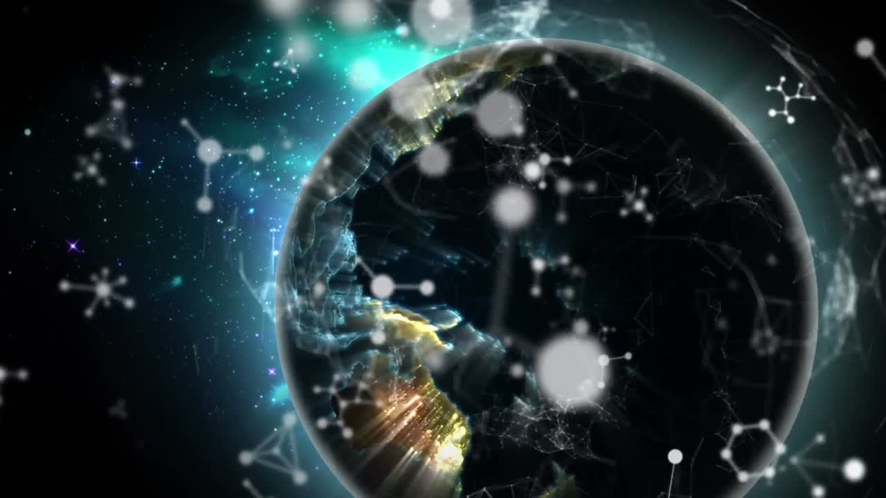 검은 바탕 위에 연결 네트워크, 분자 및 지구의 애니메이션