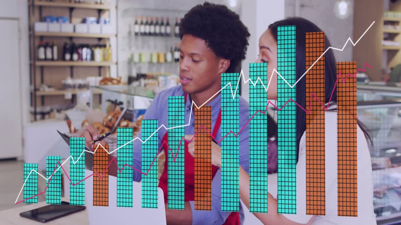 Owner pointing laptop, male staff tapping tablet, animated shop charts growing, reviewing sales