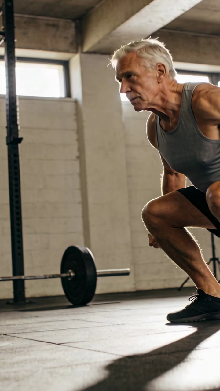 Vertical video: Starting senior in grey tank driving from low squat by barbell at gym, copy space
