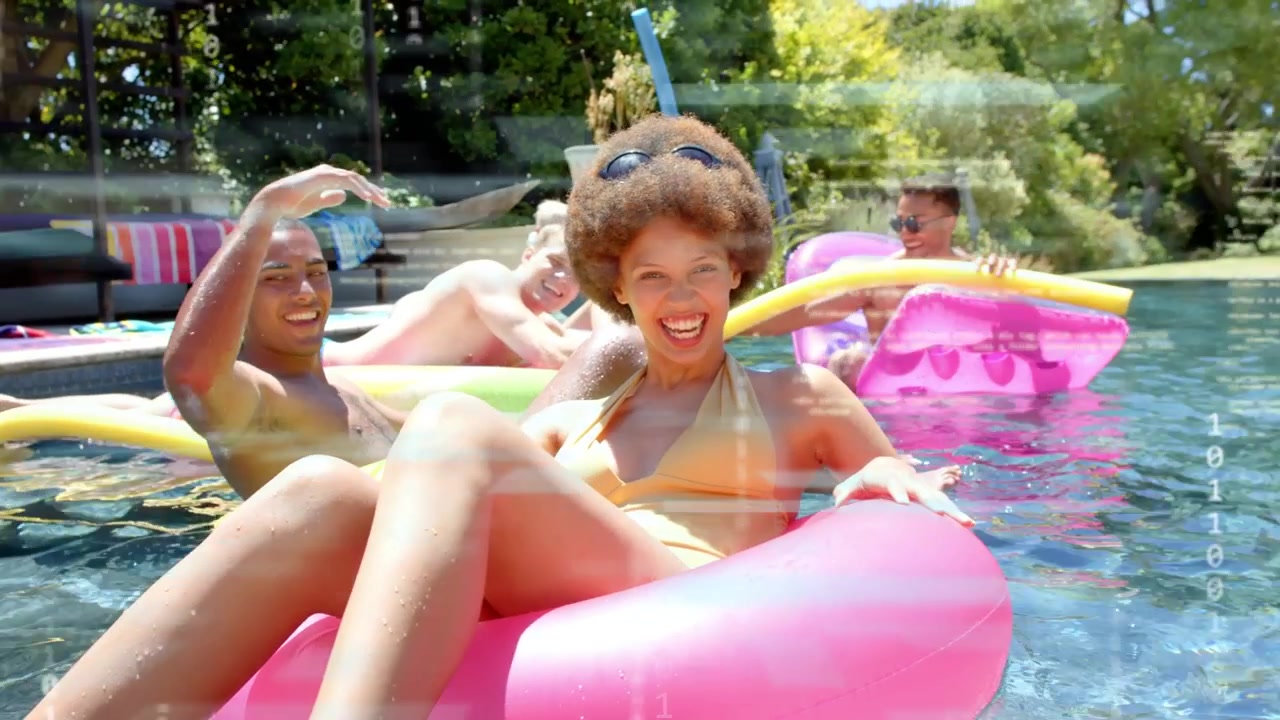 Lead on pink tube settling upright, talking to camera as friends drifting, tech overlay appearing
