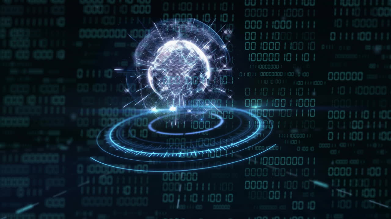animación del globo con codificación binaria y procesamiento de datos sobre fondo oscuro