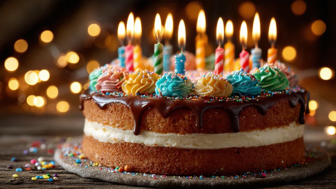 A Beautifully Decorated Birthday Cake with Colorful Icing and Flickering Candles, Perfectly Crafted for Celebrations and Sweet Moments