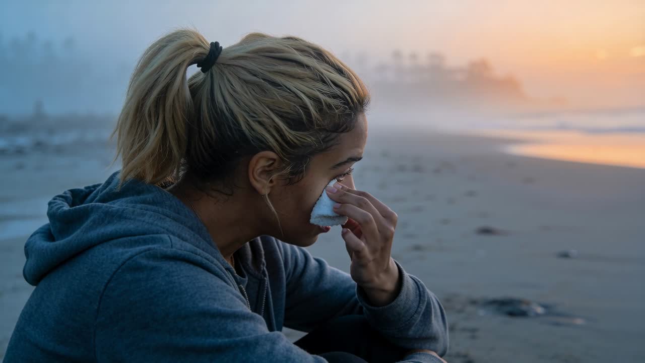 Mulher na praia esfregando o nariz, pegando um lenço, enxugando as lágrimas por motivos de saúde, com lágrimas animadas descendo.
