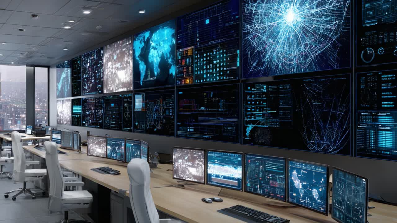 Sala di controllo ad alta tecnologia che mostra sistemi avanzati di visualizzazione e monitoraggio dati con schermi multipli che visualizzano informazioni complesse in un moderno ambiente d'ufficio.