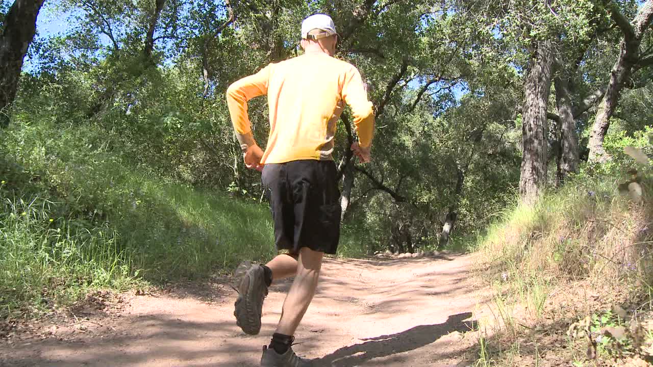 Punto di vista di un uomo che fa trail running nella foresta nella Riserva del Fiume Ventura a Ojai, California.