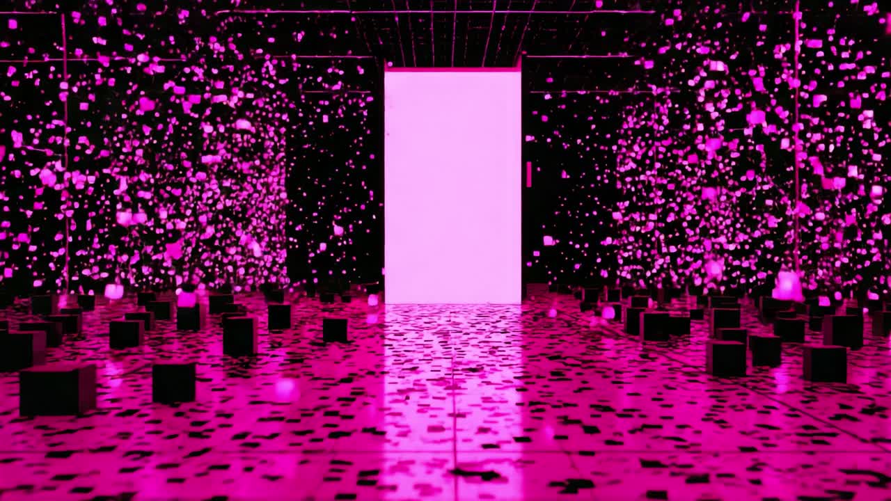 A mesmerizing pink immersive space with floating particles, reflecting light and creating a dreamy atmosphere, inviting visitors to explore its enchanting depths and artistic possibilities