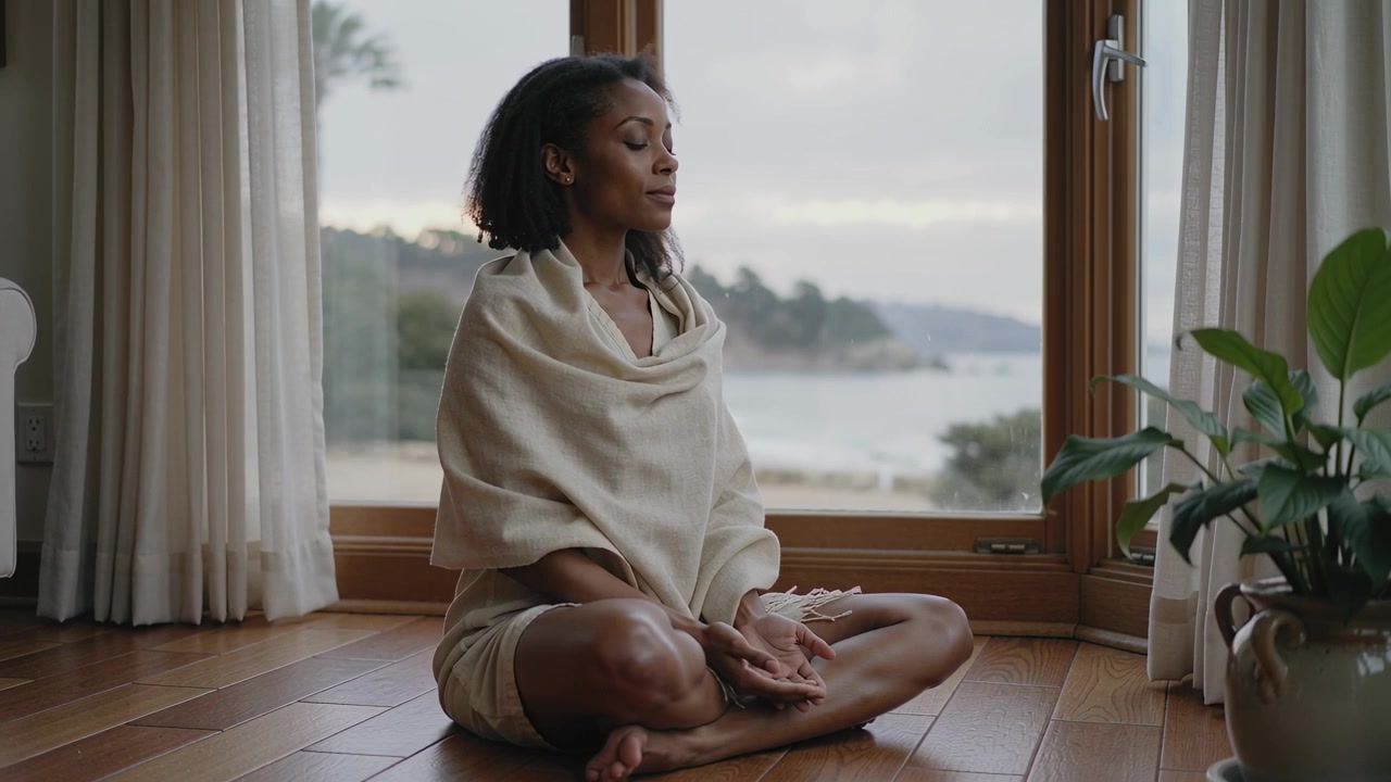Gazing woman sitting cross-legged and closing eyes at home by bay window, seeking calm with shawl