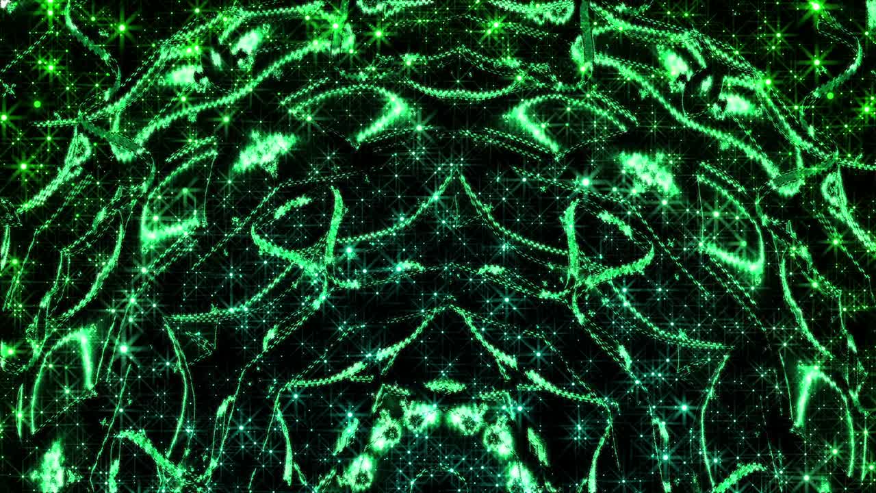 초록색 리본을 가진 배경, 반이는 입자와 별을 가진 역동적인 추상적인 배경.