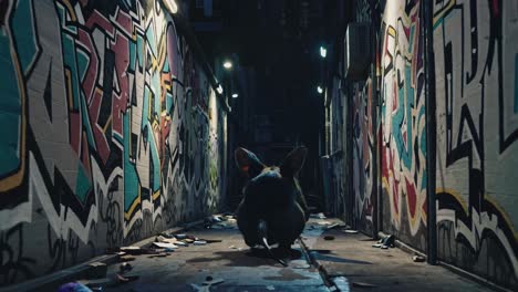 rat in a graffiti alley at night