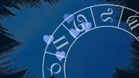 animation of zodiac circle rotating over blue background with hearts