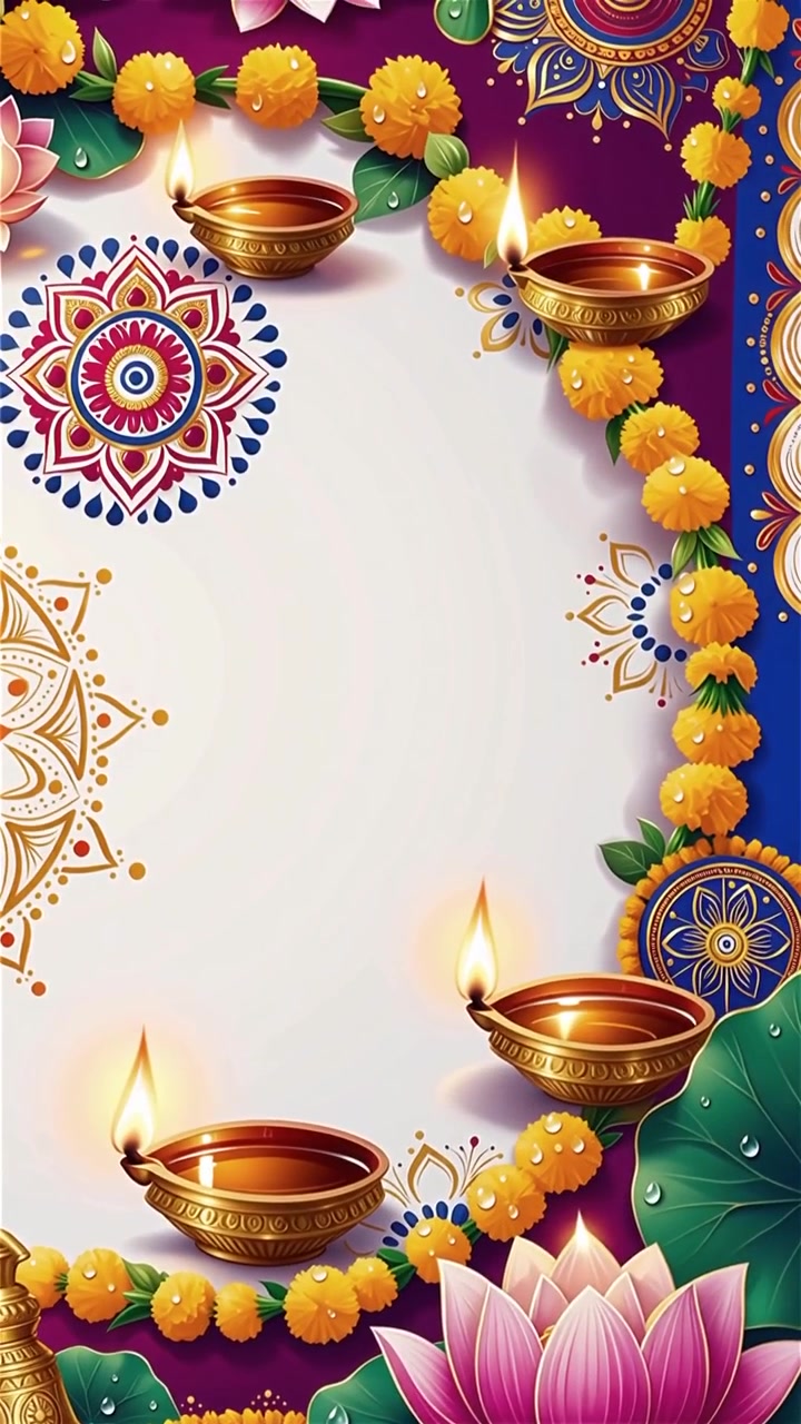 Sfondo Diwali con Diyas luminosi, Rangoli e fiori di loto