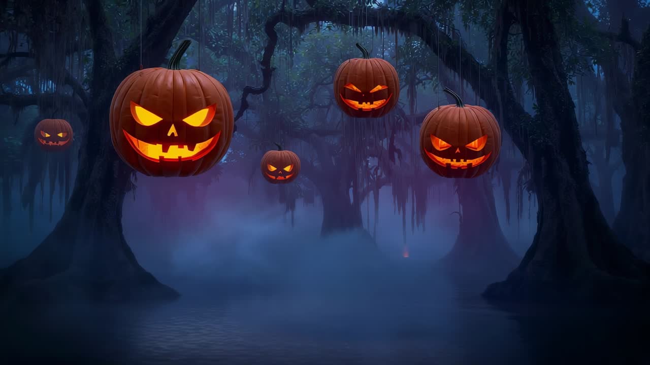 Glowing pumpkins drifting after lighting through foggy cypress swamp, illuminating Spanish moss
