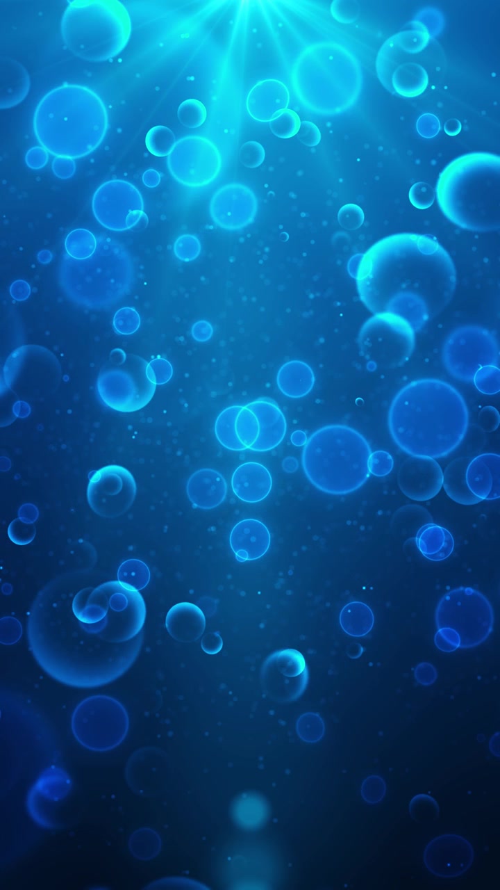 Fundo de bolhas estilo subaquático azul com esferas transparentes, raios de luz suaves e partículas flutuantes.