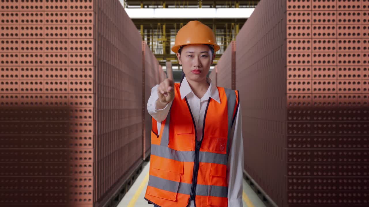 Asian Female Engineer With Safety Helmet Disapproving With No Index Finger Sign While Standing With Red Brick Packed in Stacks Are Stored