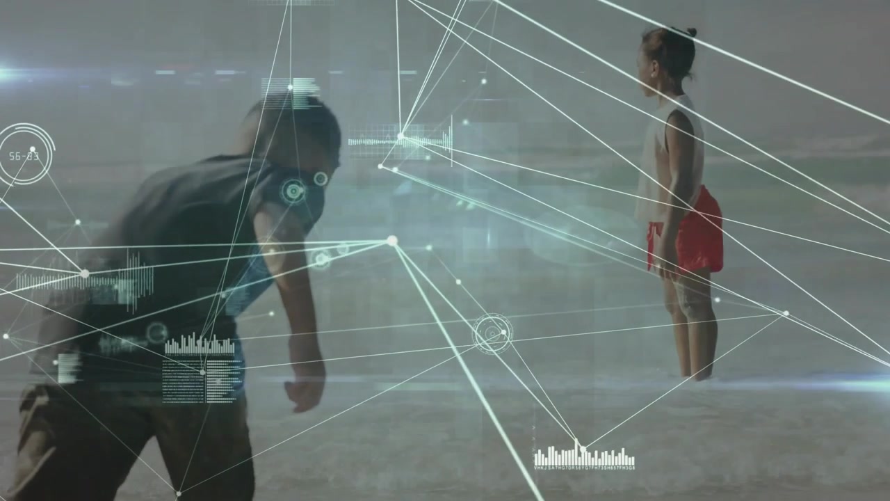 Girl jumping, boy entering left and moving forward, HUD network tracking both, showing playful tech