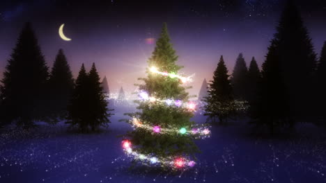 magic light swirling around snowy christmas tree