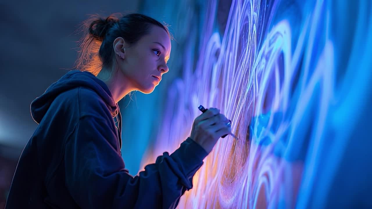 Creative artist creates vibrant wall art in urban space at night