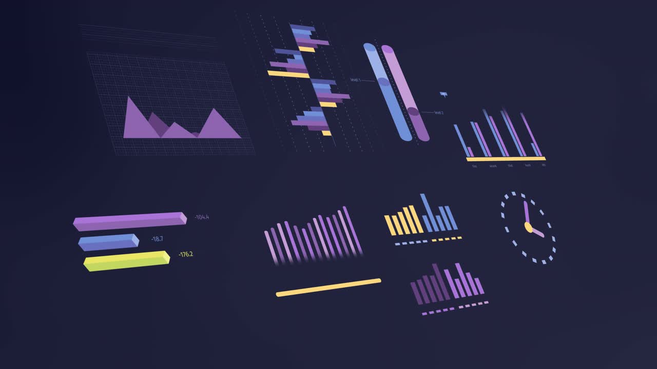 Animation of financial data processing over dark background