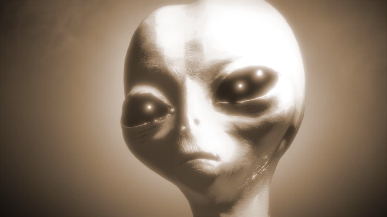 3D CGI VFX animation of a close up headshot of a classic Roswell style grey alien, with glistening black eyes, turning and looking around, on smokey atmospheric sepia background