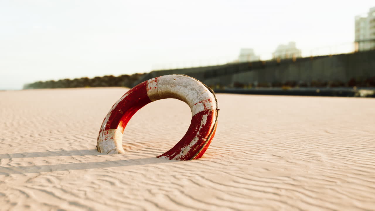 buya salvavidas en la playa de la ciudad al atardecer