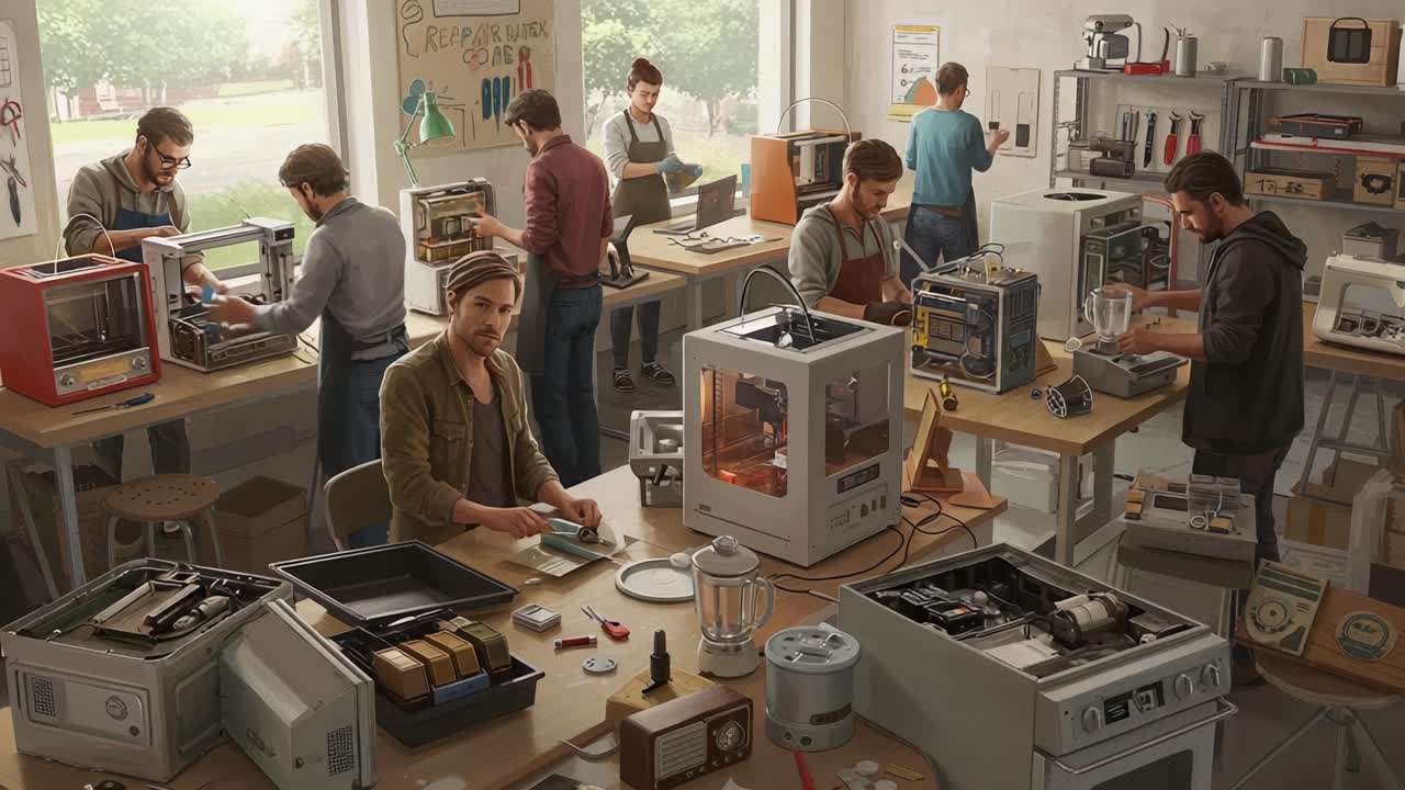 A Collaborative Repair Workshop Showcasing Enthusiastic Individuals Skillfully Fixing Various Devices in a Well-Organized Workspace Filled with Tools and Equipment