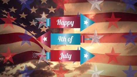 animation of independence day text over flag of american pattern