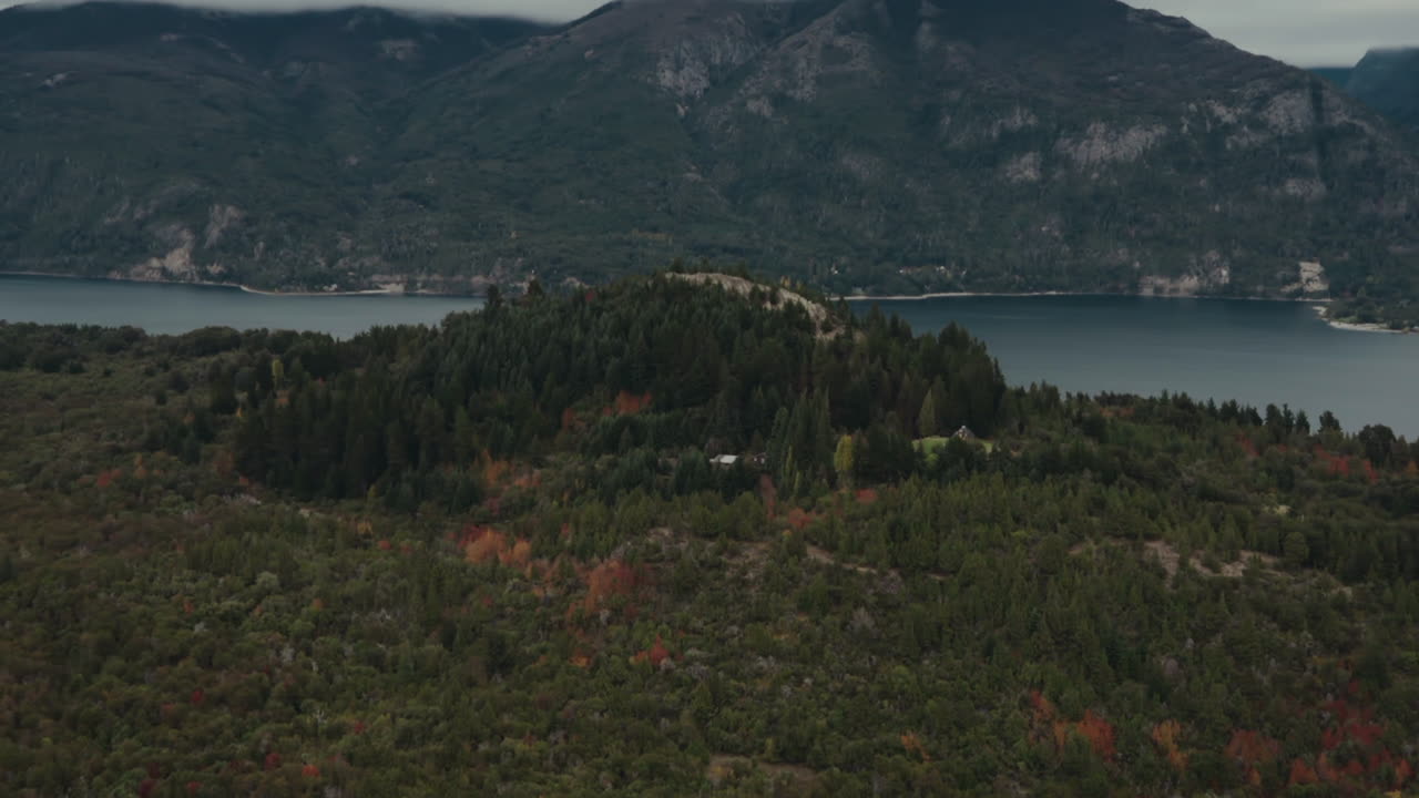 Zoom su un cottage in mezzo alla foresta con un lago sullo sfondo