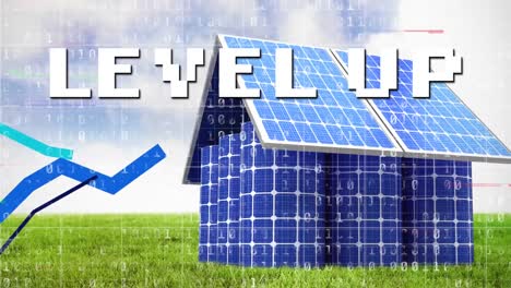 Animation-of-level-up-text-and-data-processing-over-solar-panels