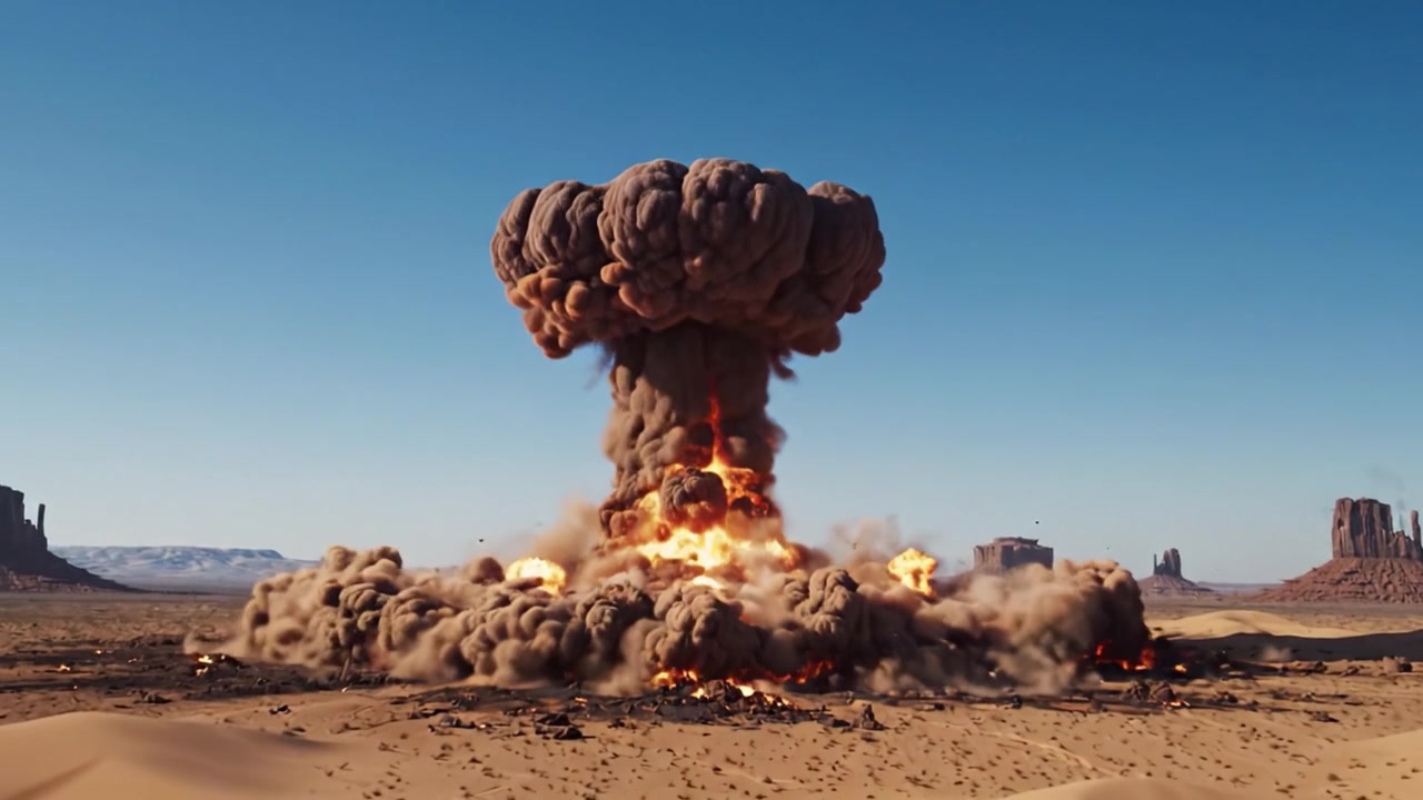 Eine dramatische Explosion in der Wüste: Erleben Sie den massiven Feuerball, der aus dem Boden bricht und Staub- und Rauchwolken in den klaren Himmel sendet
