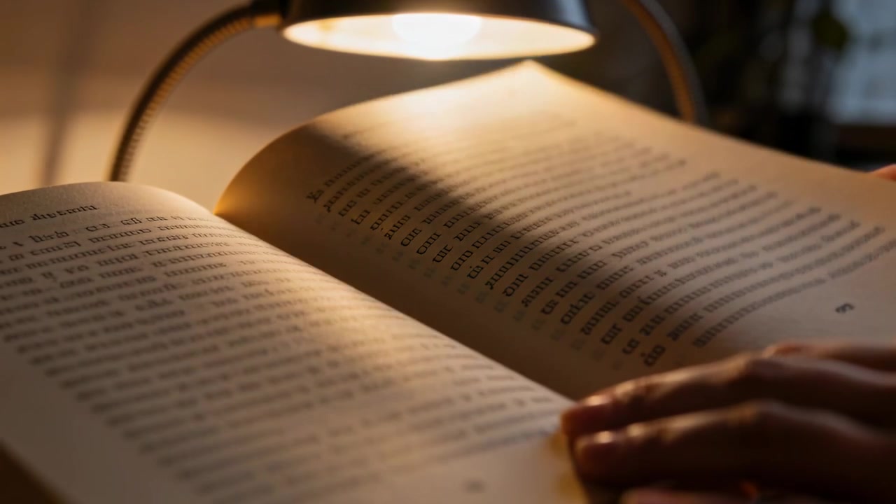 Girando un libro tascabile aperto, la mano destra inizia a girare la pagina sotto una lampada da scrivania, mentre legge il testo.