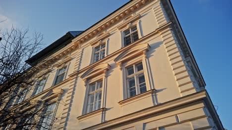 old town stein house filmed from very low looking up moving from left to right