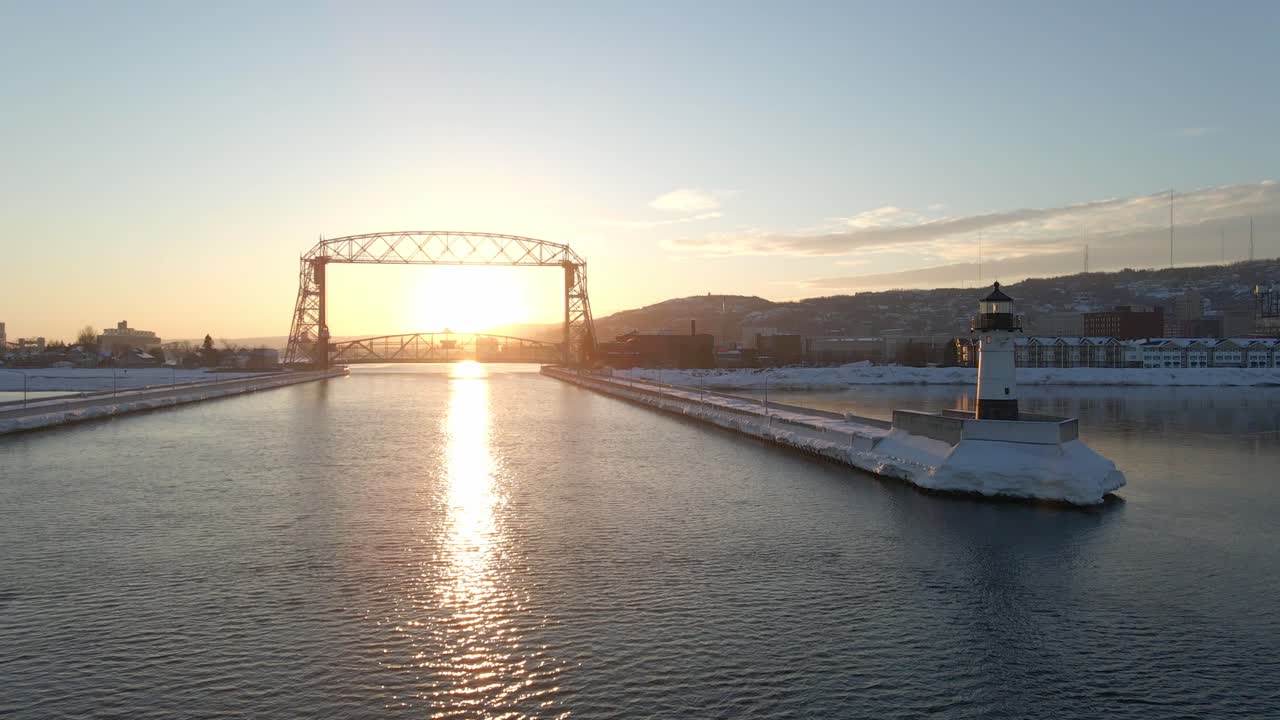 Winter sunset, lighthouse in Duluth Minnesota