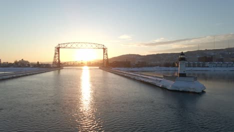 winter sunset, lighthouse in duluth minnesota