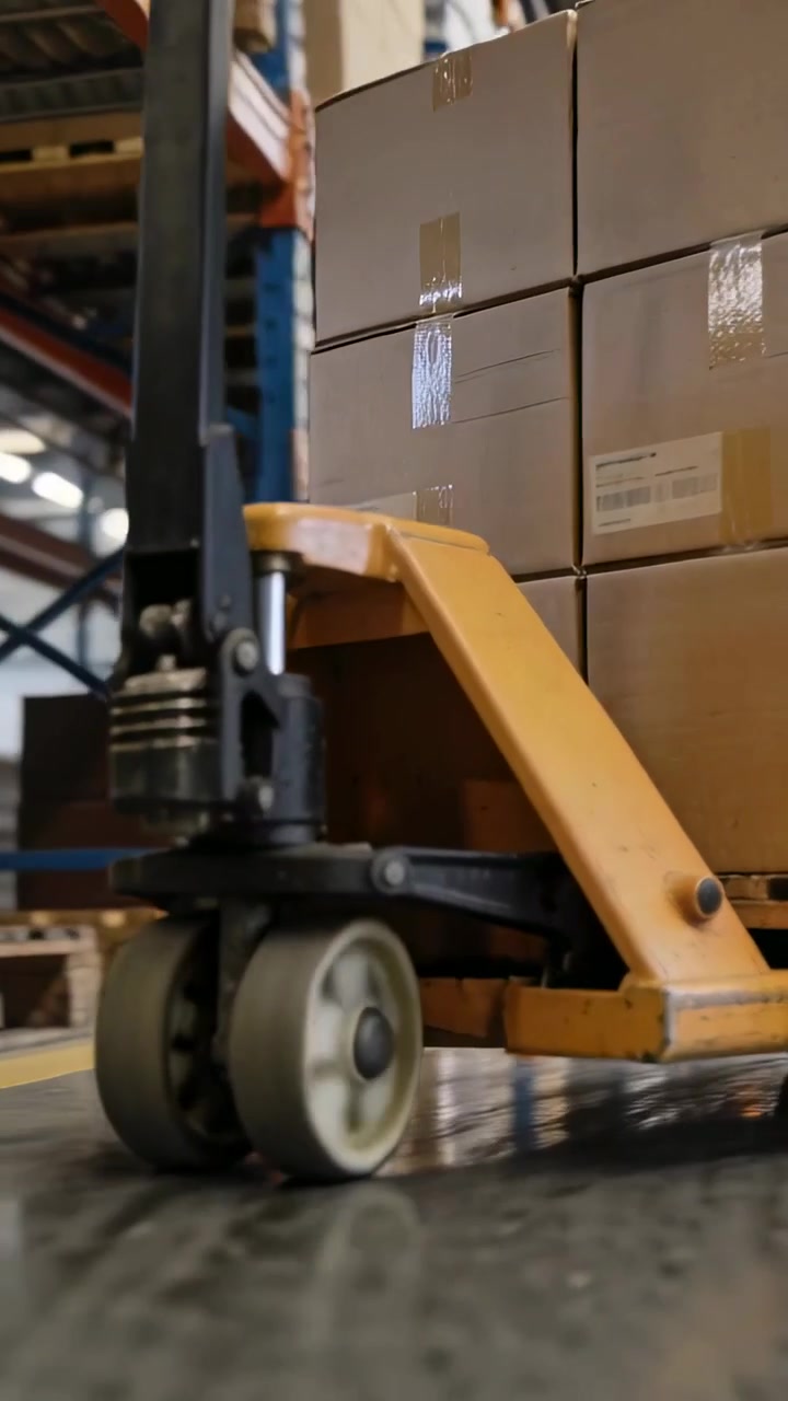 Video verticale: Ruota di transpallet in movimento che scorre e scivola sotto un pallet che trasporta scatole in un magazzino.