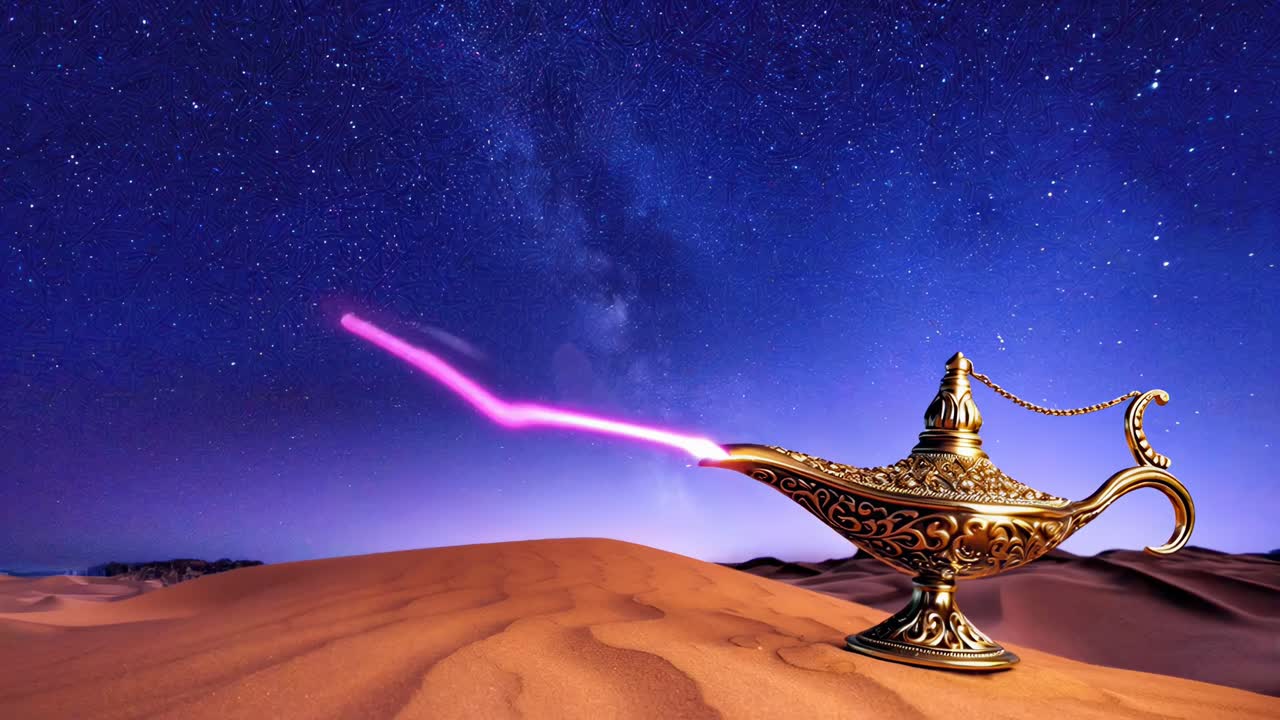 星空の下、魔法のランプからピンクの煙が立ち上る。ローアングル、ファンタジービデオコンセプト。ライブデスクトップ